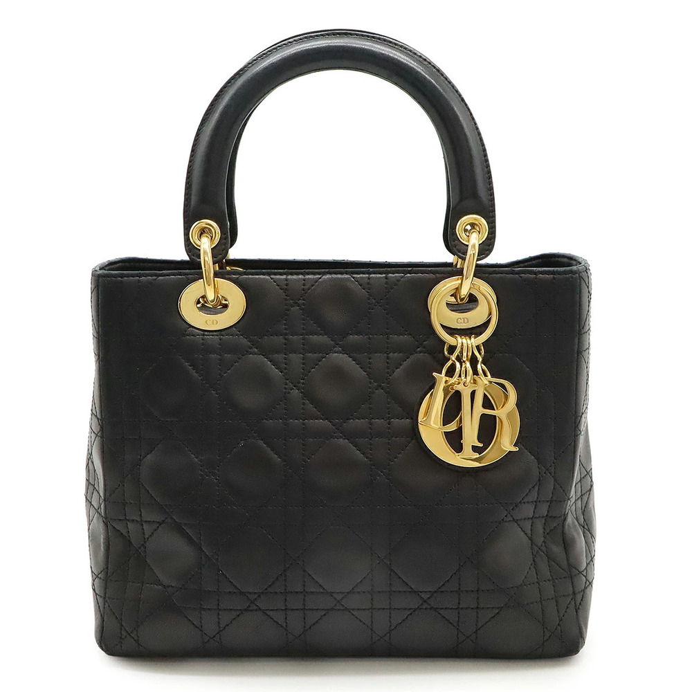 Christian Dior Lady Cannage Handbag Tote Bag Lambskin Leather Black